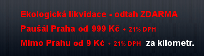 Paušál Praha 999 Kč konečná cena včetně naložení, složení a kilometrů. Mimo Prahu 9 Kč za kilometr. Žádné příplatky. Jsme plátci DPH.